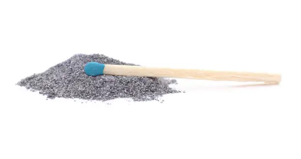 Pile of gunpowder and match isolated on a white background.