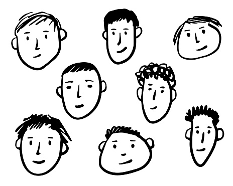 Hand drawn human doodle face. Collection of different facial expressions on a white background. Vector illustration