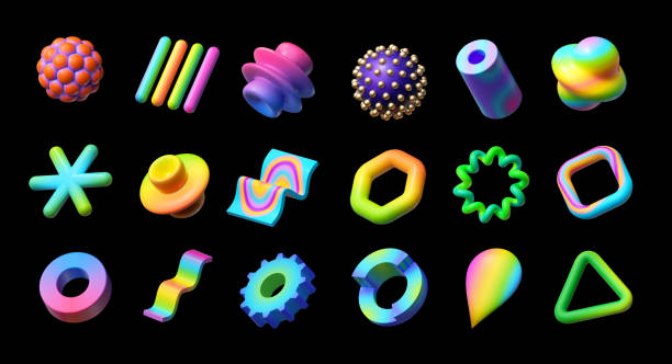 istock 3d render. Set of abstract objects, geometric shapes, assorted signs and symbols, clip art isolated on black background. 1381568240