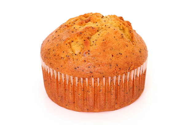 Lemon Poppy Seed Muffin A photograph of a jumbo lemon poppy seed muffin set against a white background. poppy seed stock pictures, royalty-free photos & images