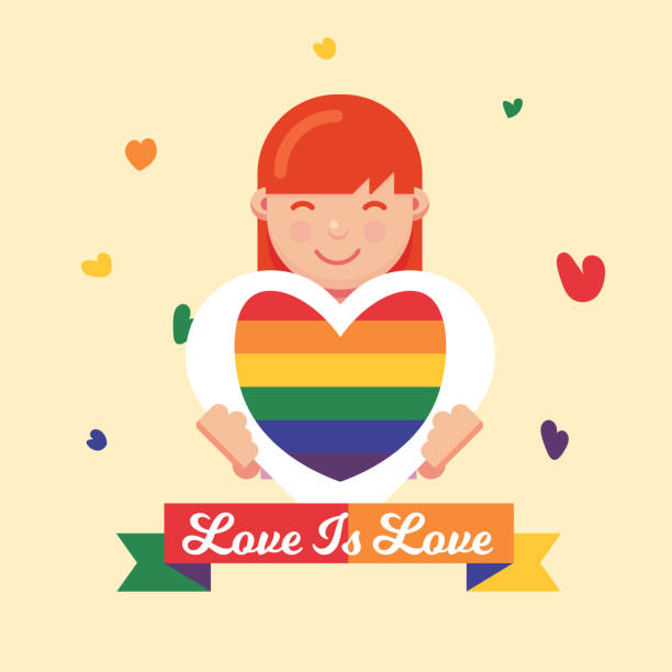 месяц гордости, любовь - это плакат любви, держащий лгбт девушку праздник плакат баннер вектор - heart shape gay pride gay pride flag lesbian stock illustrations