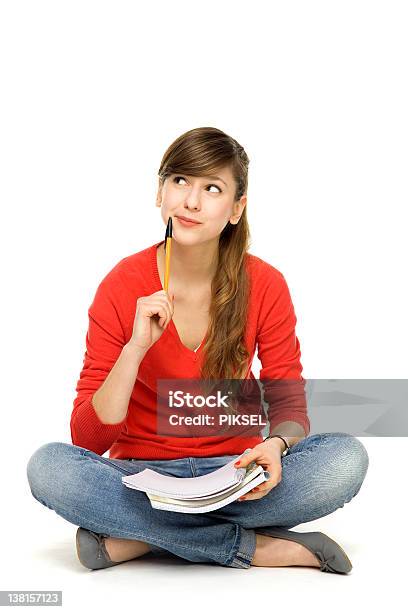 Female Student Thinking Stock Photo - Download Image Now - Learning, Looking Up, Studio Shot