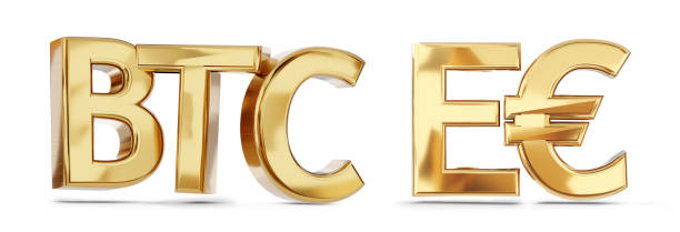 istock BTC Bitcoin and digital E-Euro symbol golden bold letters 3d-illustration 1381572142