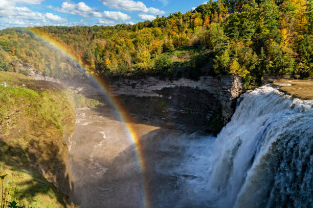 The Middle Falls At Letchworth State Park In New York Rainbow Next To The Middle Falls At Letchworth State Park In New York State letchworth state park stock pictures, royalty-free photos & images