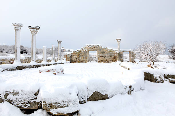 Ruins of Chersonesus in the snow stock photo
