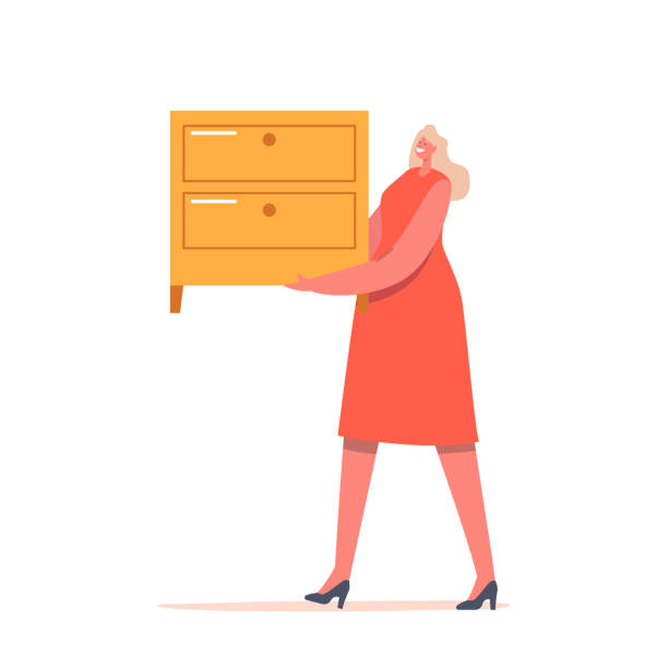 女性キャラクターは白い背景に隔離木製ドレッサーを運びます。グラフィックデザイナーまたは家具店のプロモーター - closet cabinet dresser drawer点のイラスト素材／クリップアート素材／マンガ素材／アイコン素材