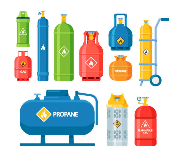 illustrations, cliparts, dessins animés et icônes de ensemble d’icônes réservoirs et bouteilles de gaz avec oxygène comprimé, propane liquide inflammable dangereux isolé sur blanc - toxic substance bottle danger chemical