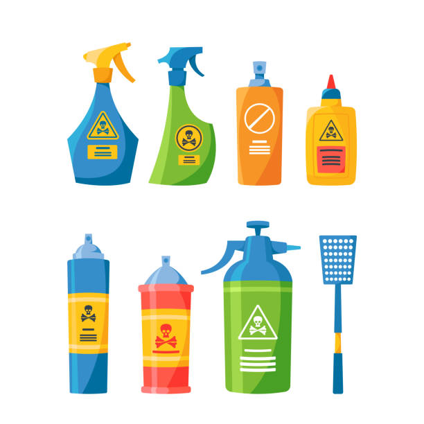 Set of Pest Control Toxic Sprayers and Aerosol Bottles, Disinsection Repellents. Home Insects Disinfestation Chemicals Set of Pest Control Toxic Sprayers and Aerosol Bottles, Disinsection Repellents. Home Insects Disinfestation Chemicals for Protection and Fumigation, Fly-swatter Tool. Cartoon Vector Illustration insecticide stock illustrations