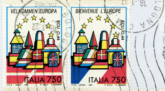 Rome, Italy - Circa February 2022: a stamp printed by Italy showing Velkommen Europa Bienvenue Europe (translation Welcome Europe)