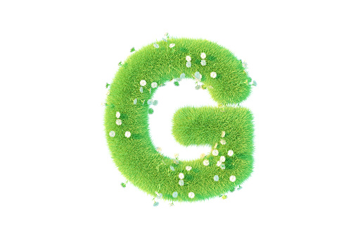 3D Rendering Letter G with Grass and Flowers Uppercase Alphabet