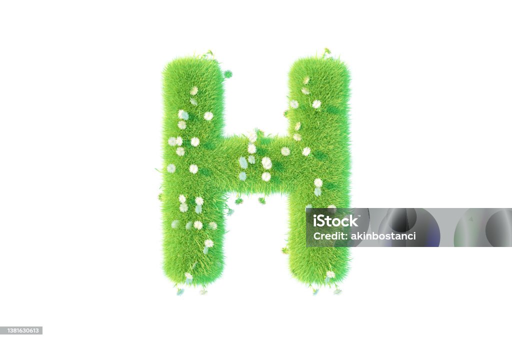 Letter H with Grass and Flowers Uppercase 3D Rendering Letter H with Grass and Flowers Uppercase Alphabet Letter H Stock Photo