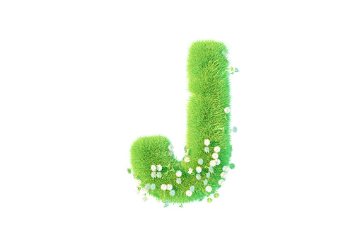 3D Rendering Letter J with Grass and Flowers Uppercase Alphabet