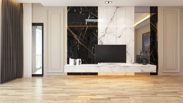istock Modern tv unit with marble concept in living room 3d rendering 1381638710