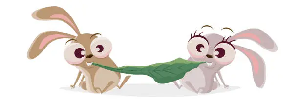 Vector illustration of funny cartoon rabbit couple eating a leaf