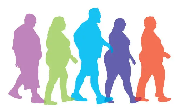 Vector illustration of Colorful Transparent Overweight People Walking