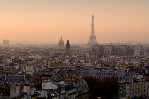 View towards Invalides and the Eiffel Tower during sunset in Paris, France.