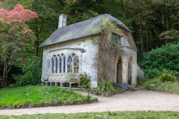 View of the Gothic cottage at Stourhead House and Gardens in Wiltshire