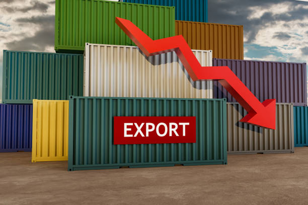 istock Stacked container, cargo with the word export. A red arrow downward as symbol for falling exports. 1381679799
