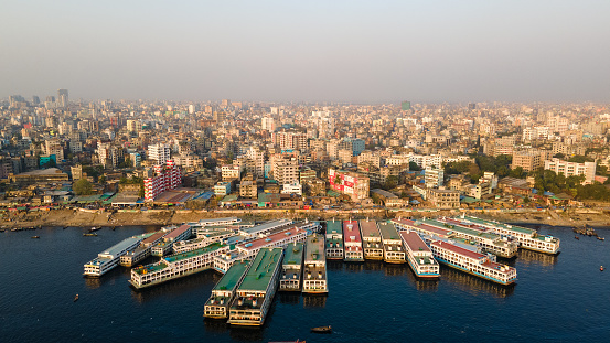 Aerial View of Sadarghat Launch Terminal Dhaka Bangladesh. Dhaka City Skyline