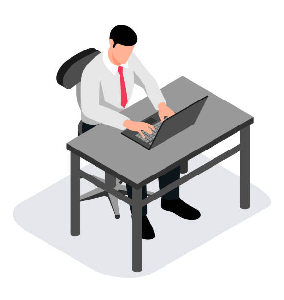 Workplace. Working on computer. Businessman looking at the laptop screen. Workplace. Working on computer. Businessman looking at the laptop screen . Isometric perspective business person typing on laptop stock illustrations