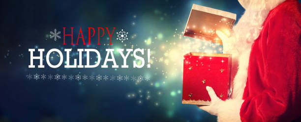 istock Happy holidays message with Santa opening a gift box 1381720888