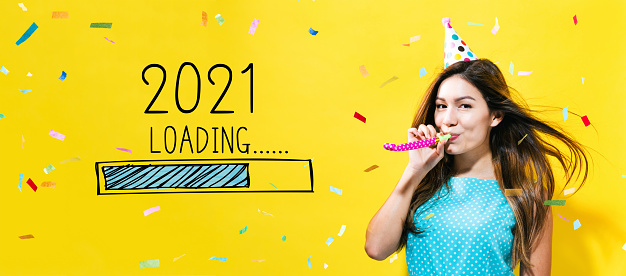 Loading new year 2021 with young woman with party theme on a yellow background