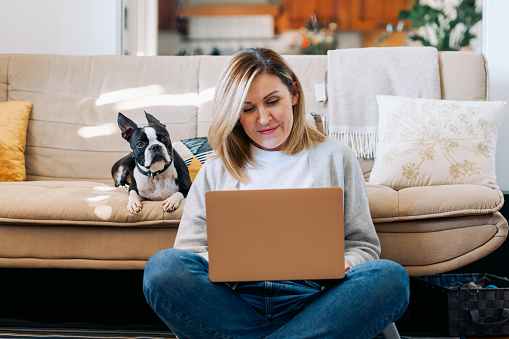 Mujer joven trabajando desde casa con un perro boston terrier. Mujer de negocios independiente que usa computadora portátil en una habitación soleada.  Estudiantes aprendiendo y trabajando en casa. photo