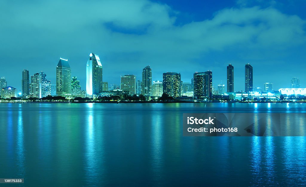 San Diego Skyline at night San Diego skyline at night Bay of Water Stock Photo