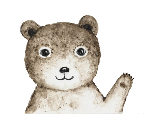 ilustrações de stock, clip art, desenhos animados e ícones de watercolor portrait of cute little teddy bear with waving hand. - fluffy bear cute friendship