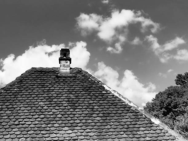 Low-angle view of traditional rooftop chimneys on a tiled roof, featuring geometric shapes and decorative details, set against a clear blue sky with natural daylight and minimal composition.