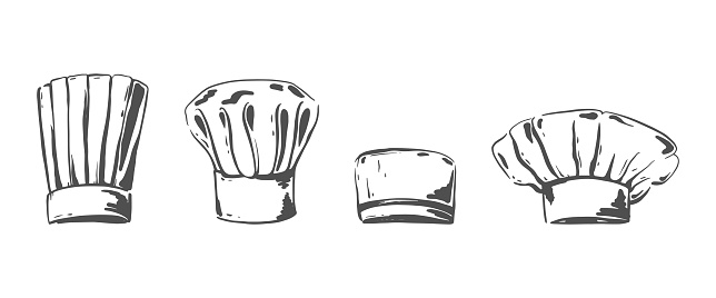 Chef hats sketch. Baker or cooker caps, kitchener headdress. Uniform Costume Wear Element. Vector  hand drawn.