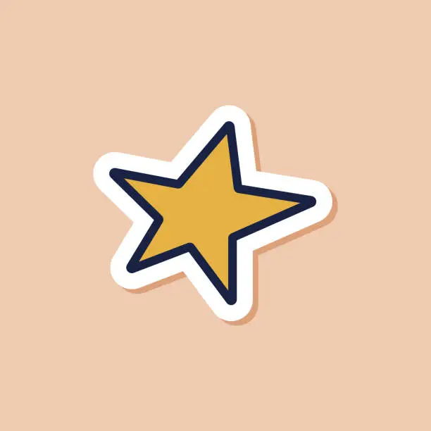 Vector illustration of Drawn sticker doodle yellow five-pointed star. Isolated sticker of cartoon star. Vector celestial illustration.