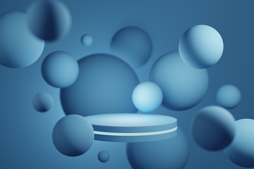 Antigravity glowing podium on the background of blue flying balls 3d illustration.