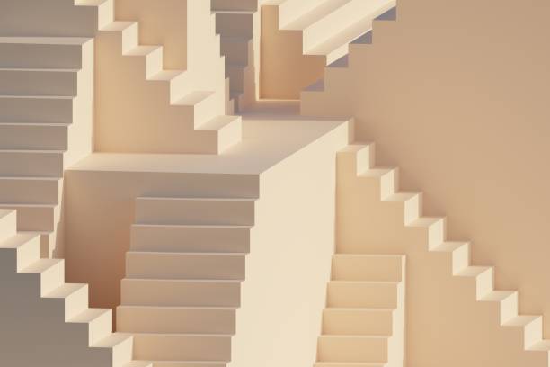 3D digitally created image with staircases and doors, all in pink tones