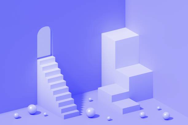 istock Minimalistic abstract staircase and cube podium with balls purple gradient background 3d illustration 1381795930