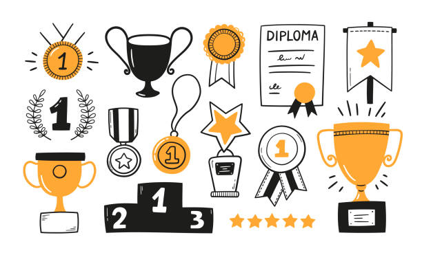 ilustrações de stock, clip art, desenhos animados e ícones de awards, trophy cups, first place medals and podium winners set. doodle gold medal and champion trophy cup. hand drawn award decorative icons. vector illustrations isolated on white background - gold medal medal winning trophy