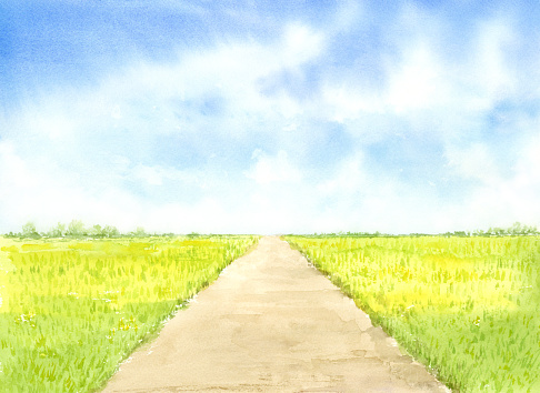 Watercolor painting illustration of a straight road landscape in the field