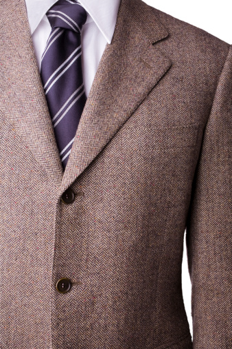 Tweed Wool blazer, shirt and tie with windsor knot.