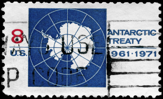 A Stamp printed in USA shows the Map of Antarctica and devoted to 10th anniv. of the Antarctic Treaty, circa 1971