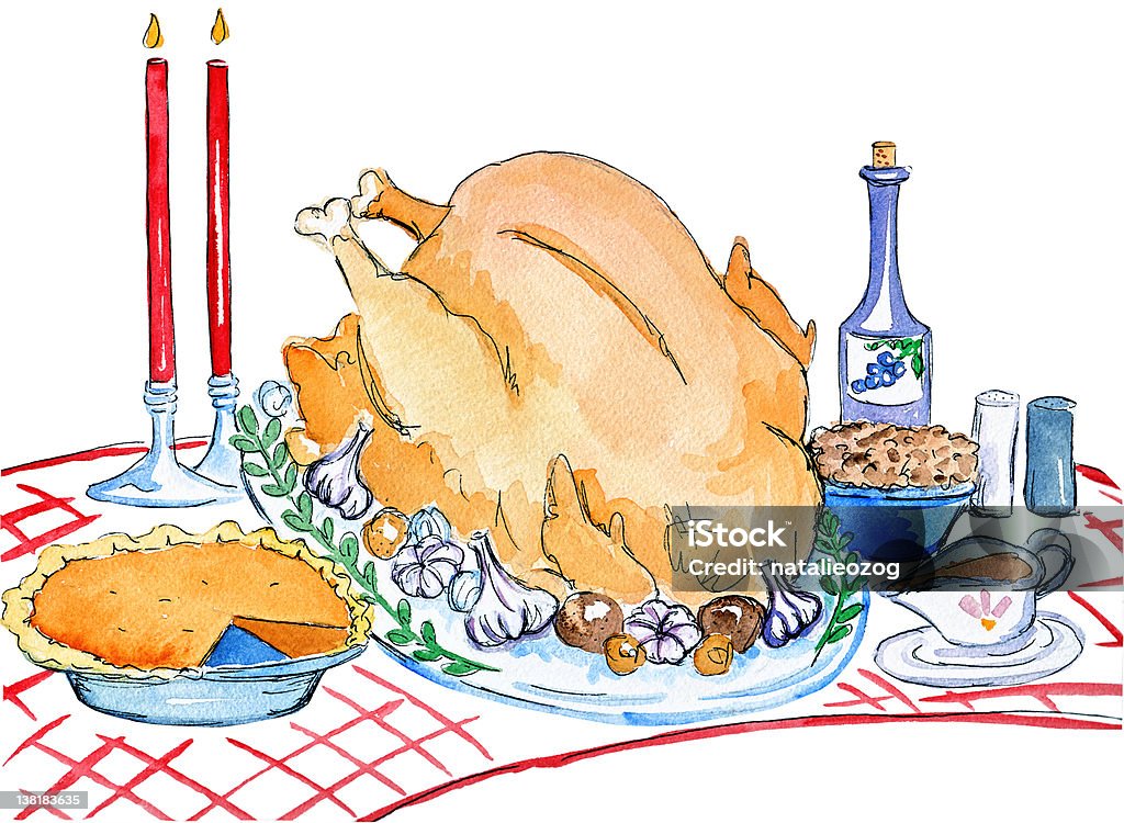 Obiad z okazji Święta Dziękczynienia - Zbiór ilustracji royalty-free (Akwarela)