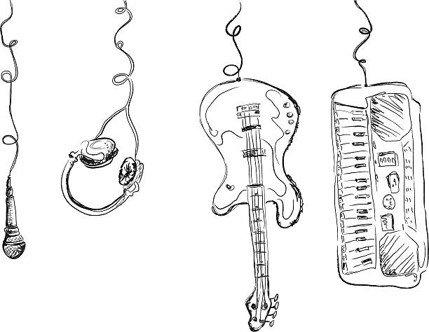 Electrical instruments my original vector sketch style of hanging musical instruments microphone drawings stock illustrations