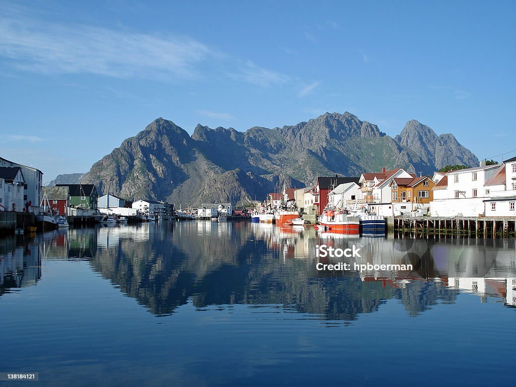 Henningsvaer, Lofoten Fishertown Henningsvaer on the Lofoten in Norway Blue Stock Photo