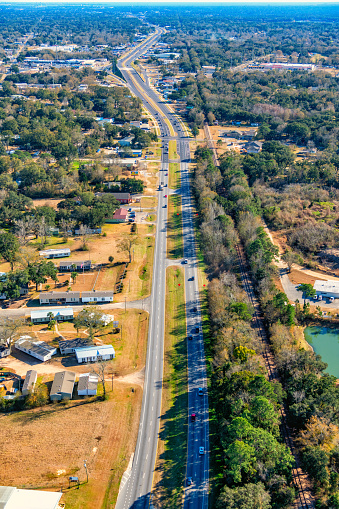 A road through the  suburban Pensacola, Florida area shot from an altitude of about 1000 feet.