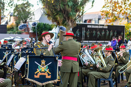 FILE - 25 April 2021, Christchurch, New Zealand. The New Zealand Army Band performs at the ANZAC Day dawn service.