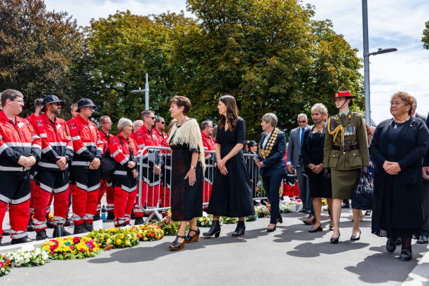 Canterbury Earthquakes 10th Anniversary Memorial Service, Ōtautahi Christchurch, Aotearoa New Zealand FILE - 22 February 2021, Christchurch, New Zealand. Governor-General Dame Patsy Reddy, Prime Minister Jacinda Ardern, Christchurch Mayor Lianne Dalziel greet members of the civil defence force at the national memorial service marking the 10th anniversary of the Canterbury earthquakes. christchurch earthquake stock pictures, royalty-free photos & images