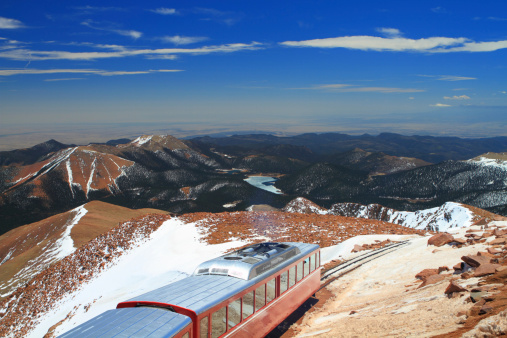 View of Pikes Peak and Manitou Springs Train on the top of Pikes Peak Mountain, Colorado, USA