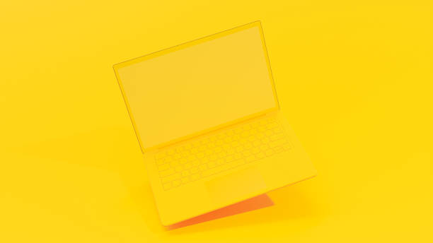 istock Yellow laptop floating and tilting on yellow background. Computer Mock-Up. Minimal idea concept, 3D Render. 1381869571