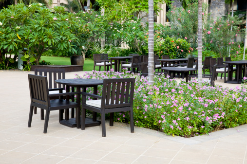 patio with table and chairs in garden