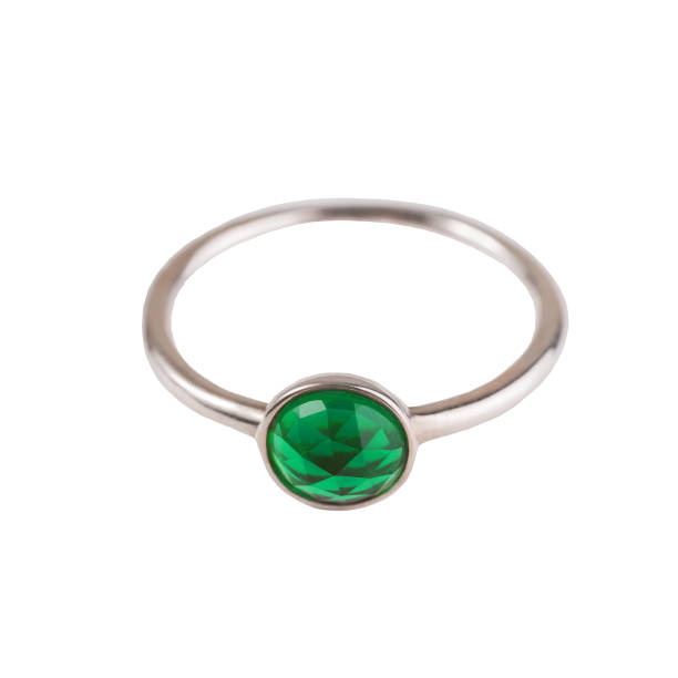 Close-up of a silver ring with a gemstone on a precision weight scale in a jewellry store.