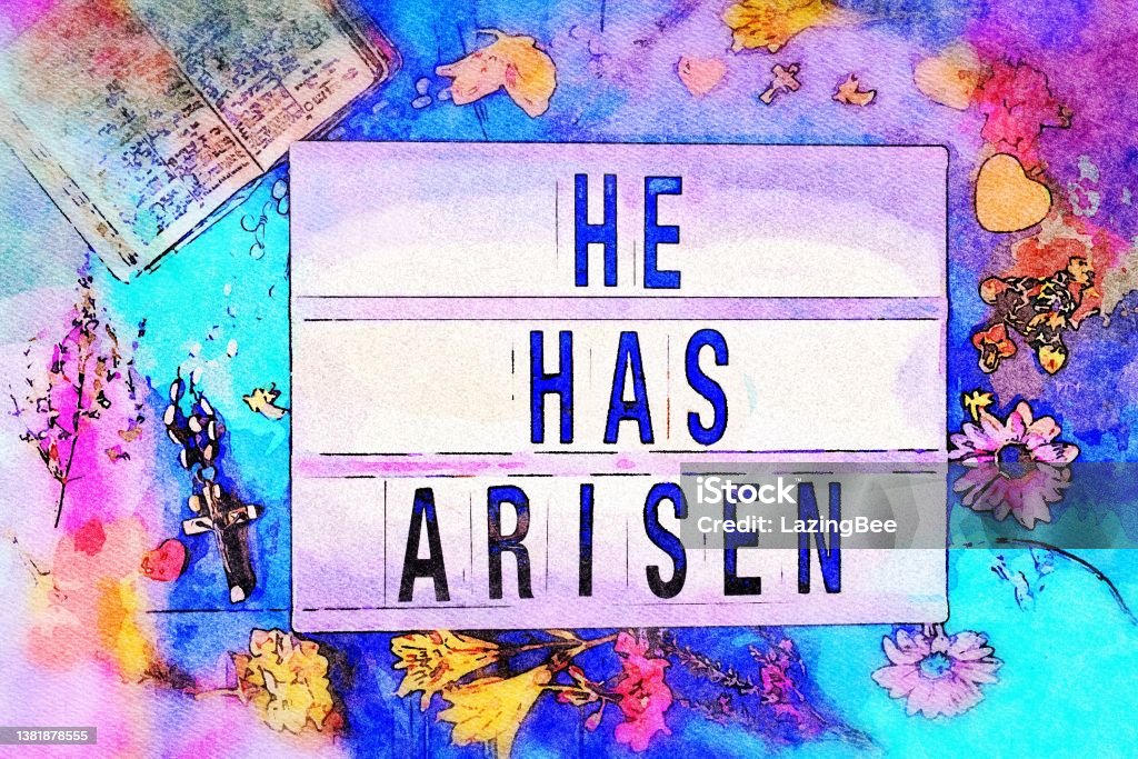 He Has Arisen in Light Box Trend The Words 'He Has Arisen' in Lightbox Trend surrounded by an abundance of beautiful flowers, a bible and a religious cross. Anti-Globalization Stock Photo